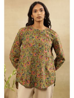 Folksong - Women Green Floral Print Cotton Straight Top