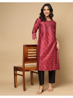 Fabindia - Pink Cotton Silk Round Neck Woven Kurta