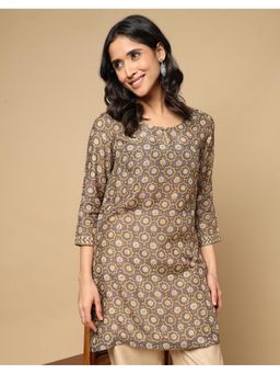 Fabindia - Brown Rayon Blend Keyhole Neck Floral Kurti
