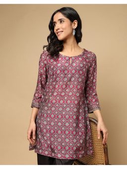 Fabindia - Pink Rayon Blend Keyhole Neck Floral Kurti