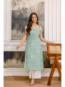 EthniFlair - Women Cotton Straight Printed Green Kurta