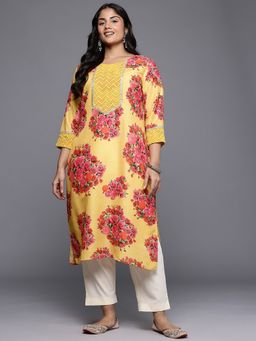 A plus by Ahalyaa - Plus Size Yellow Round Neck Blended Embroidered Kurta