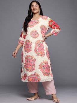 A plus by Ahalyaa - Plus Size Off White Round Neck Georgette Thread Work Kurta