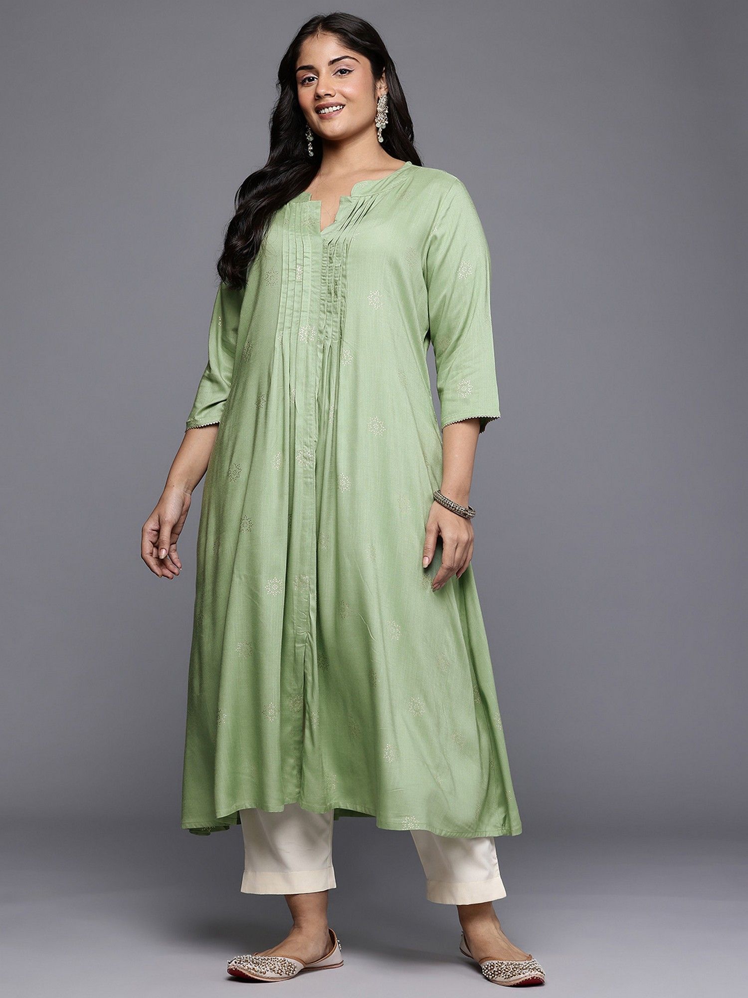 Plus Size Green Mandarin Neck Viscose Rayon Gota Kurta-picture-12