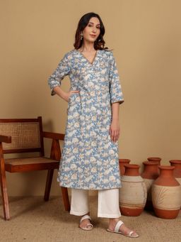 Chowkhat - Floral Blue Pure Cotton V-Neck Kurta
