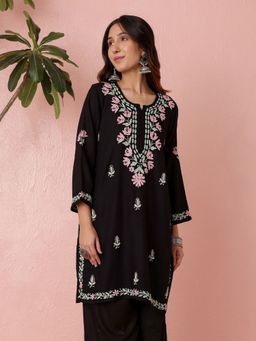 Chowkhat - Embroidered Black Viscose Rayon Round Neck Kurta