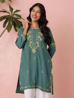 Chowkhat - Embroidered Green Viscose Rayon Round Neck Kurta