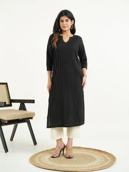 GOODHAND - Women Black Round Neck Three Fourth Sleeves Kurta