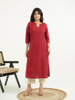 GOODHAND - Women Red Round Neck Three Fourth Sleeves Kurta