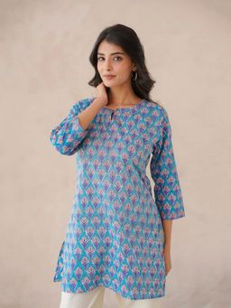 GOODHAND - Women Blue Keyhole Neck Three Fourth Sleeves Kurti