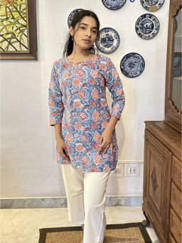 GOODHAND - Women Blue Keyhole Neck Three Fourth Sleeves Kurti