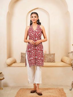 GOODHAND - Women Red V-Neck Sleeveless Kurta