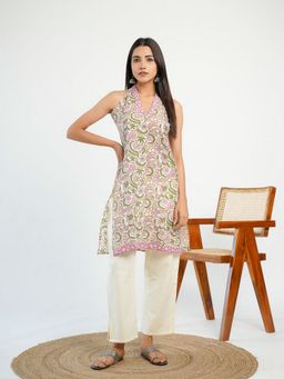 GOODHAND - Women White V-Neck Sleeveless Kurti