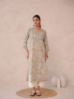 GOODHAND - Women Khaki Round Neck Three Fourth Sleeves Kurta
