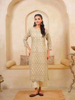 GOODHAND - Women Khaki Round Neck Three Fourth Sleeves Kurta