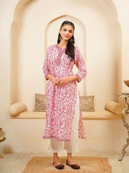GOODHAND - Women Pink Round Neck Three Fourth Sleeves Kurta