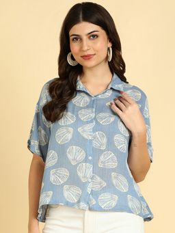Maaesa - Blue Women Casual Printed Cotton Regular Fit Top