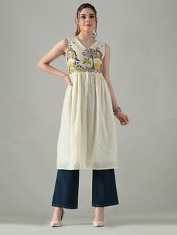 MYSHKA - Women Off White Cotton V-Neck Embroidered Kurta