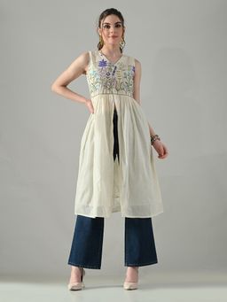 MYSHKA - Women Off White Cotton V-Neck Embroidered Kurta