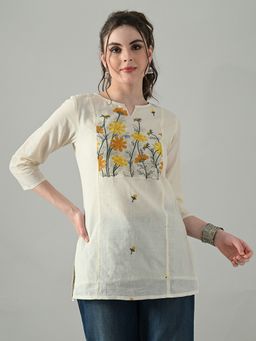 MYSHKA - Women Off White Cotton Round Neck Embroidered Tunic