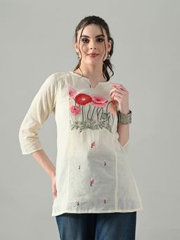 MYSHKA - Women Off White Cotton Round Neck Embroidered Tunic