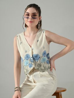 MYSHKA - Women Off White V-Neck Sleeveless Embroidered Crop Top