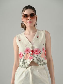 MYSHKA - Women Off White V-Neck Sleeveless Embroidered Crop Top