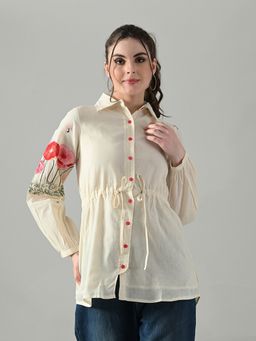 MYSHKA - Women Off White Collar Neck Full Sleeves Embroidered Top