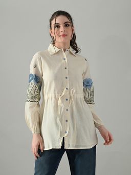 MYSHKA - Women Off White Collar Neck Full Sleeves Embroidered Top