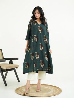 GOODHAND - Women Indigo Round Neck Three Fourth Sleeves Kurta