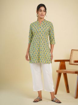 GOODHAND - Women Green Mandarin Neck Three Fourth Sleeves Kurti