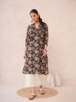 GOODHAND - Women Black V-Neck Three Fourth Sleeves Kurta