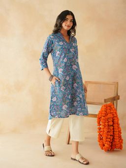 GOODHAND - Women Blue V-Neck Three Fourth Sleeves Kurta