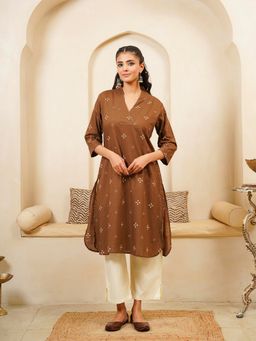 GOODHAND - Women Brown V-Neck Three Fourth Sleeves Kurta