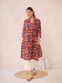 GOODHAND - Women Red V-Neck Three Fourth Sleeves Kurta
