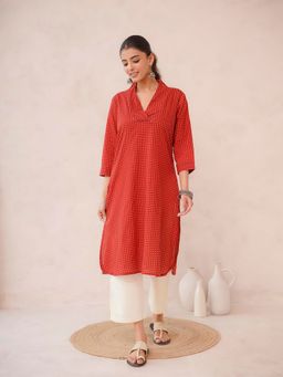 GOODHAND - Women Red V-Neck Three Fourth Sleeves Kurta