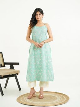 GOODHAND - Women Green Round Neck Sleeveless Kurta