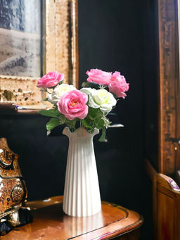 Art Street - Artificial Bunch White-Pink Rose Silk Real Touch Flower for Home