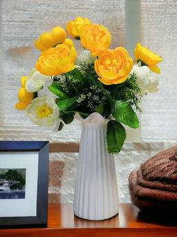 Art Street - Artificial White-Yellow Peony Silk Flower Real Touch Flowers Set of 2