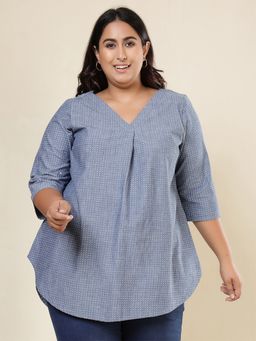 Amydus - Plus Size Cross Weave Denim Cotton Blue Top