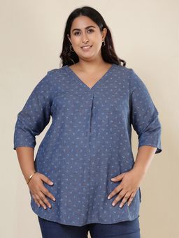 Amydus - Plus Size Floral Weave Cotton Denim Blue Top