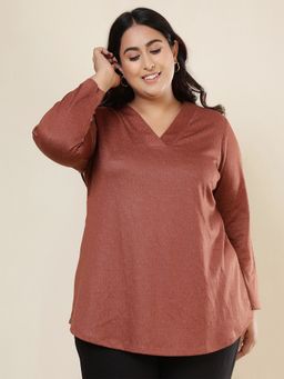 Amydus - Plus Size V Neck Snug Weave Winter Rust Top