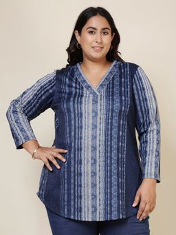 Amydus - Plus Size Vertical Stripe V Neck Snug Weave Winter Blue Top