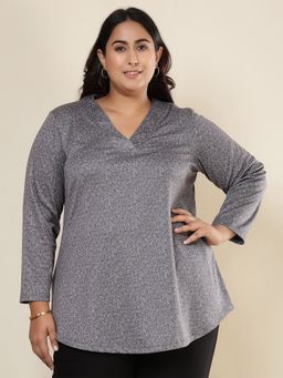 Amydus - Plus Size V Neck Snug Weave Winter Grey Top