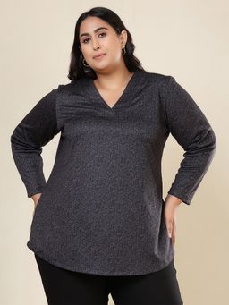Amydus - Plus Size V Neck Snug Weave Winter Black Top