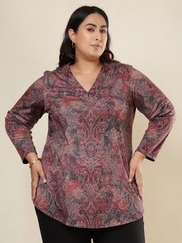 Amydus - Plus Size Paisley V Neck Snug Weave Winter Maroon Top