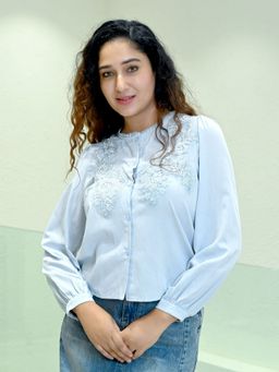 Odette - Sky Blue Cotton Blend Solid Top