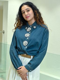 Odette - Blue Denim Embellished Crop Top