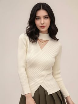 Outzidr - Off White Full Sleeve Neck Cutout Wrap Top