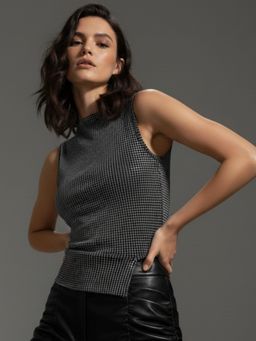 Outzidr - Silver Shimmer High Neck Evening Top